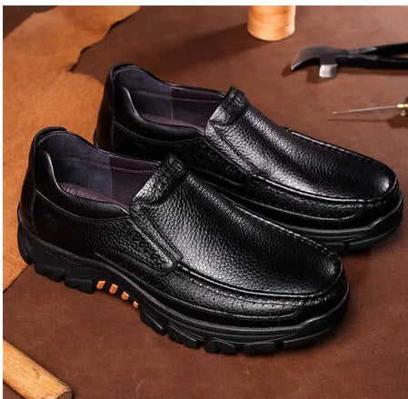 Black and brown leather slip-on business casual shoes with rubber outsole, sizes 38-44