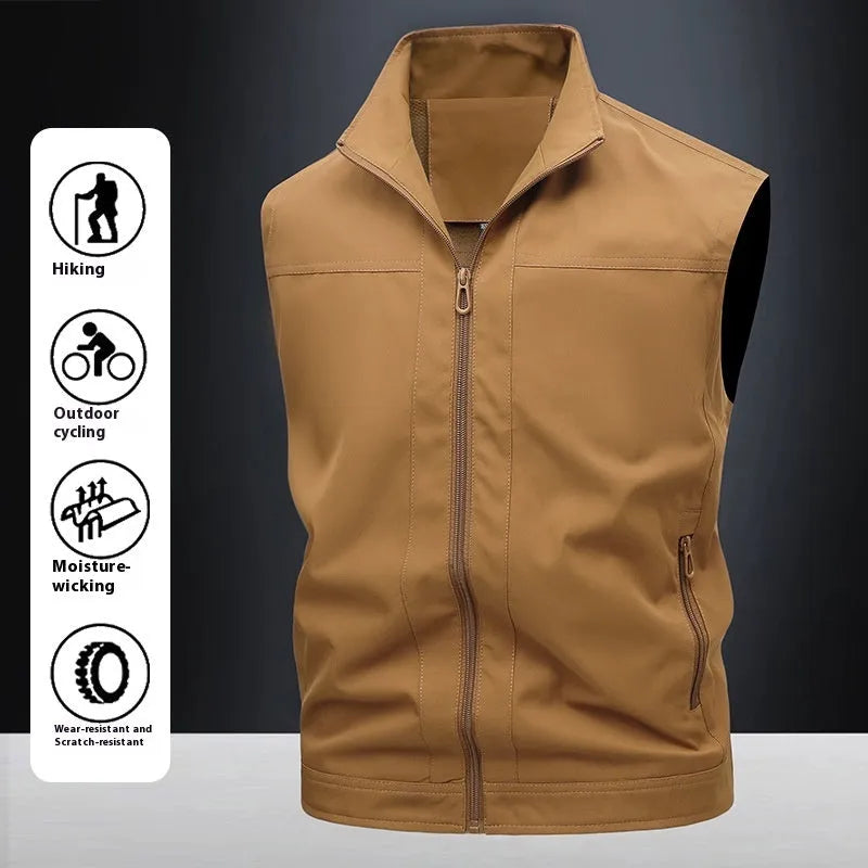 Men's loose fit casual work shirt with a stand-up collar in an army green colour.