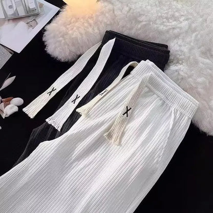Men's loose-fit straight-leg casual trousers in black cotton ice silk fabric
