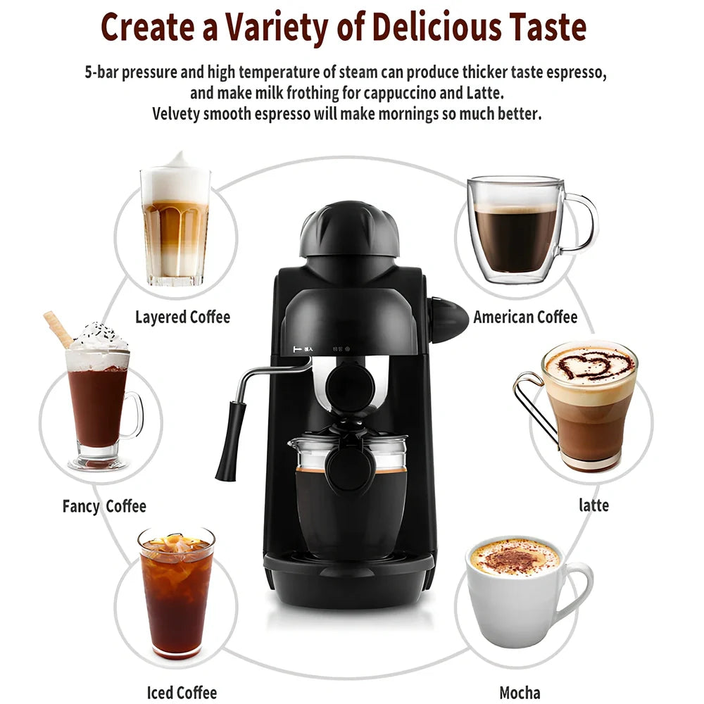 Black home mini espresso machine with Italian-style design and steam-powered brewing system