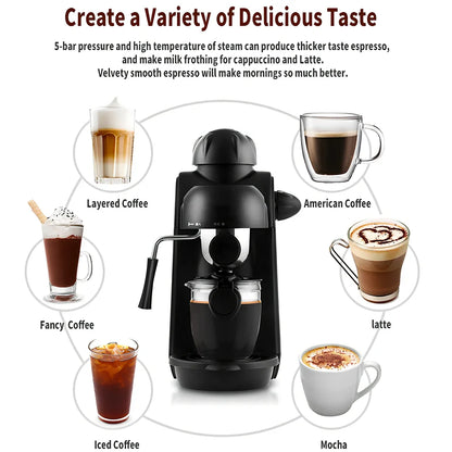 Black home mini espresso machine with Italian-style design and steam-powered brewing system