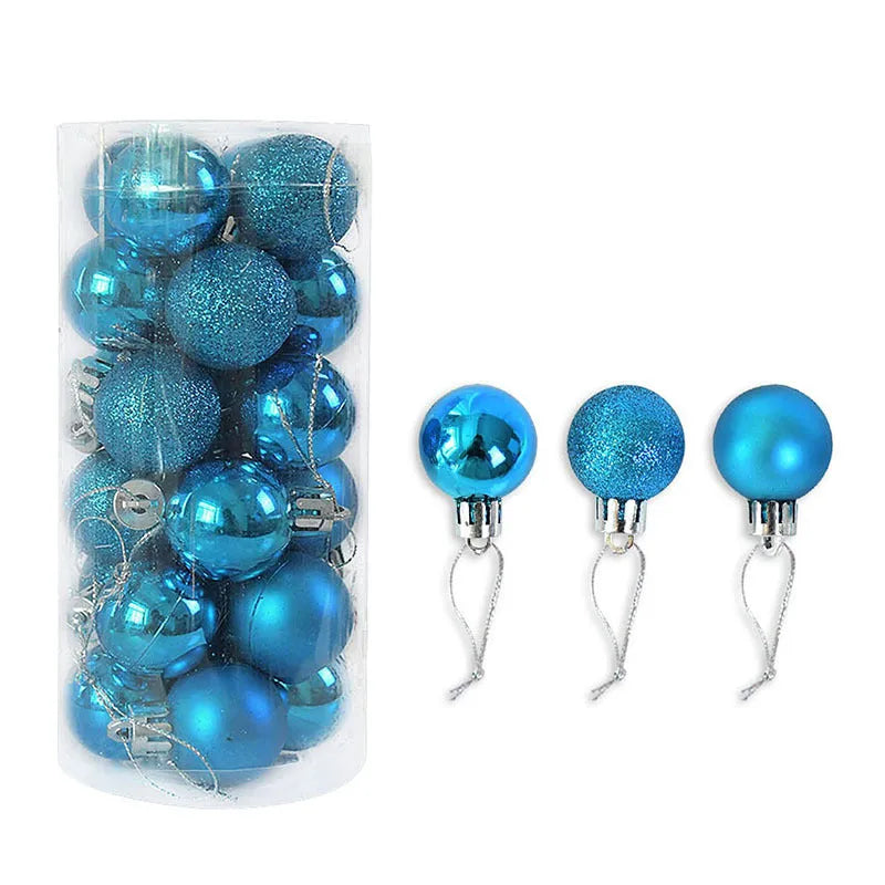Assortment of 3cm diameter gold, red, silver, and blue barrel-shaped Christmas baubles with an electroplated finish.
