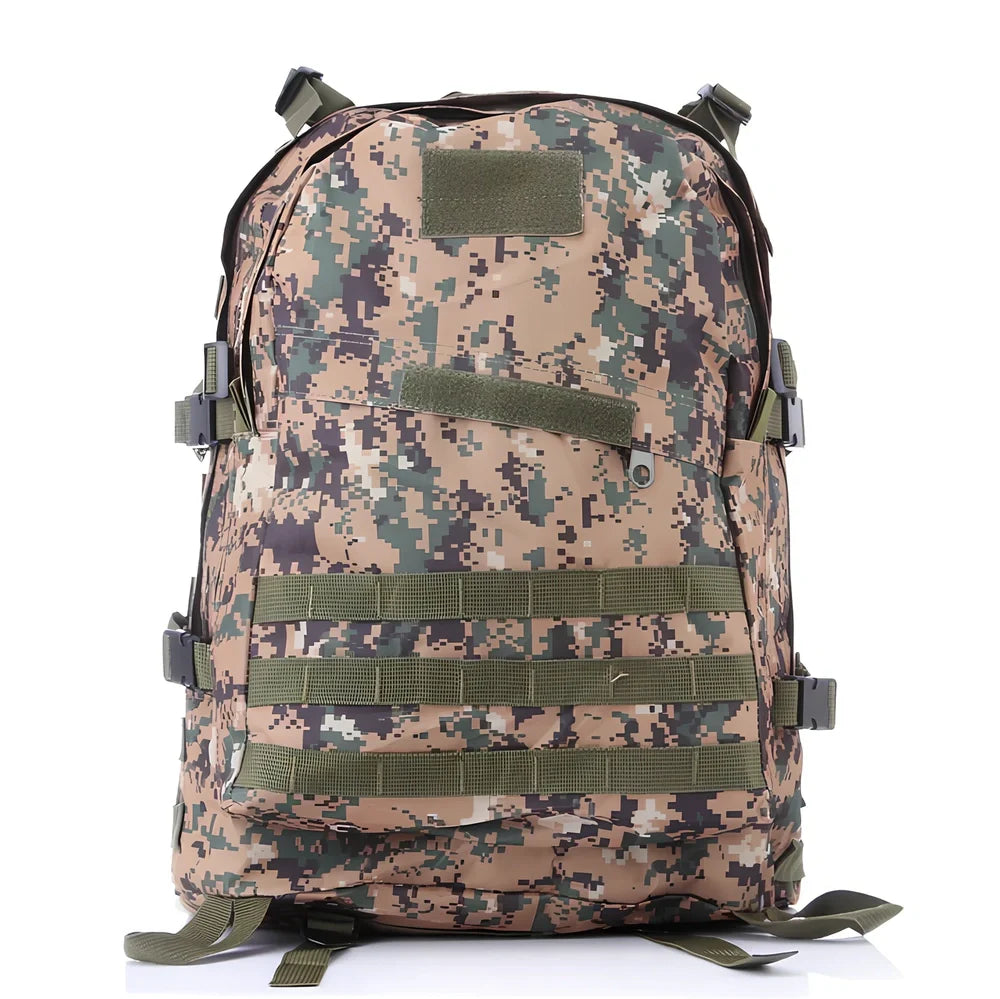 3D tactical backpack in camouflage colour with MOLLE webbing and adjustable shoulder straps