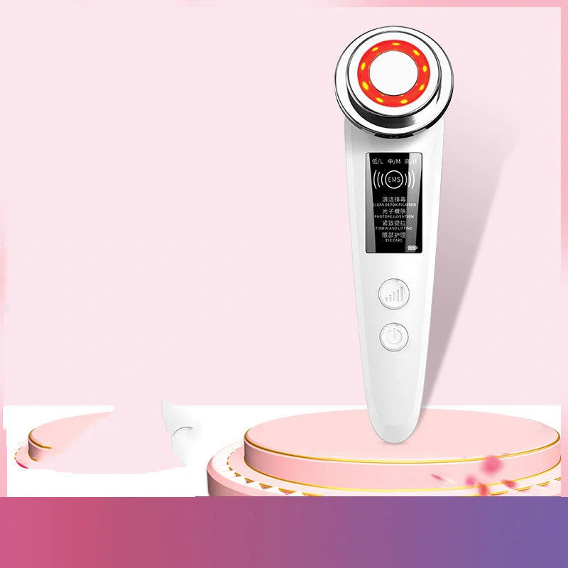 Pink and white facial massager for deep pore cleansing and skin rejuvenation with light therapy