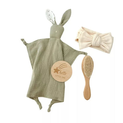 Natural cotton baby bath toy set with wooden rattle and comfort towel