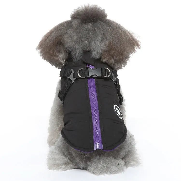 Polyester quilted dog jacket with a chest strap, shown in blue, on a mannequin.