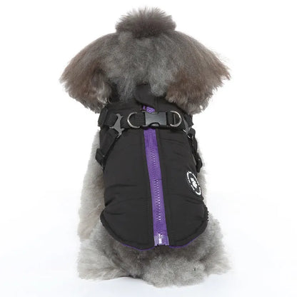 Polyester quilted dog jacket with a chest strap, shown in blue, on a mannequin.