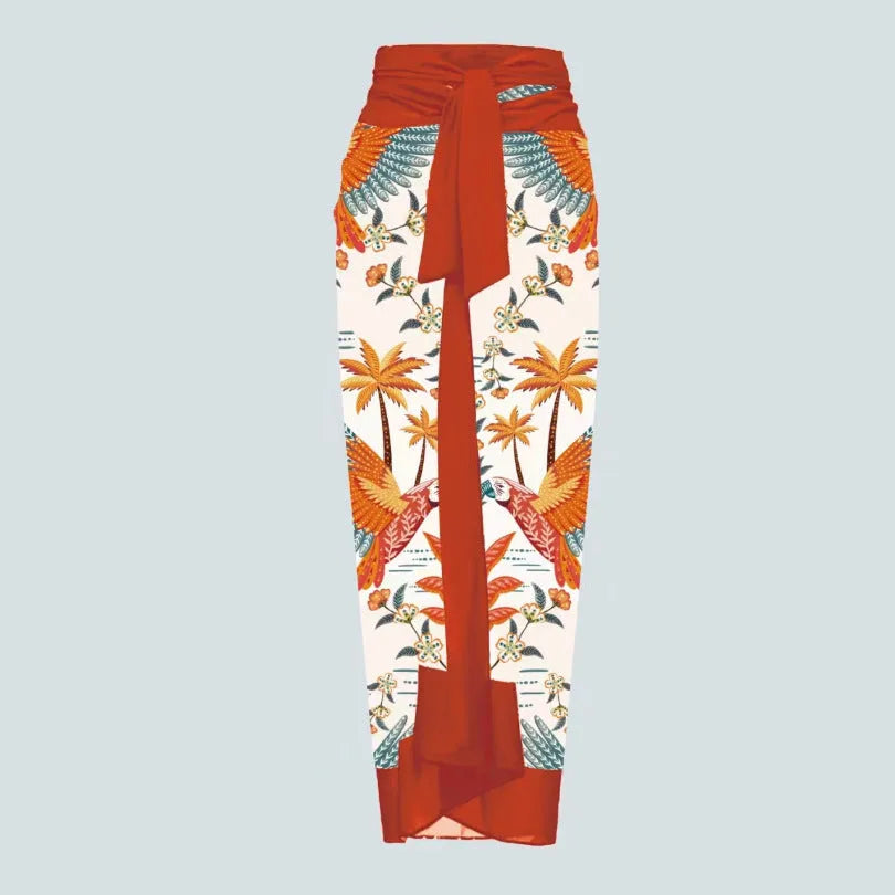 Women's polyester one-piece swimsuit in floral print with wrap skirt styling option