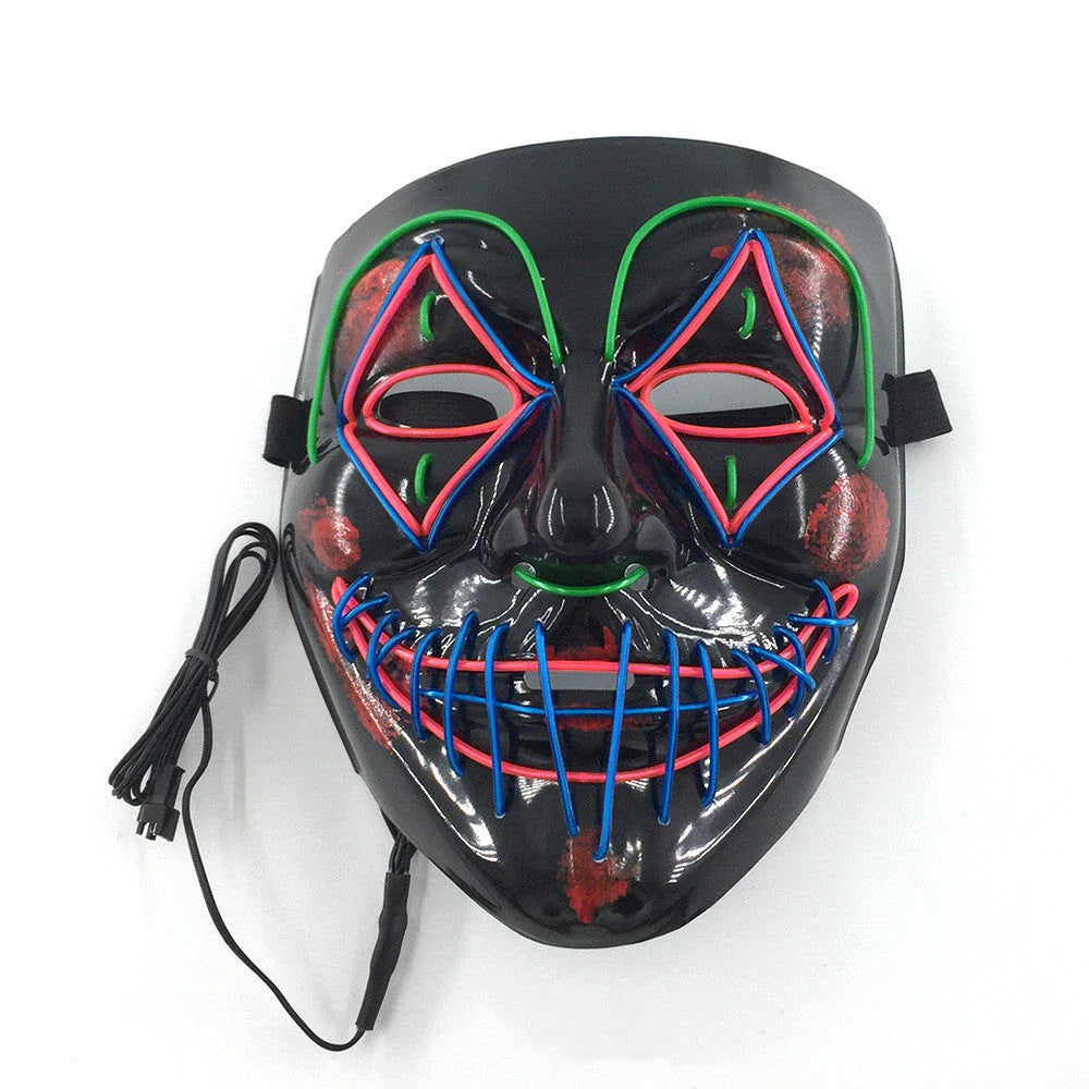 Glow-in-the-dark LED Halloween mask with adjustable straps and bright, mesmerizing illumination