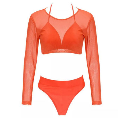 Three-piece solid orange high waist see-through bikini set for women
