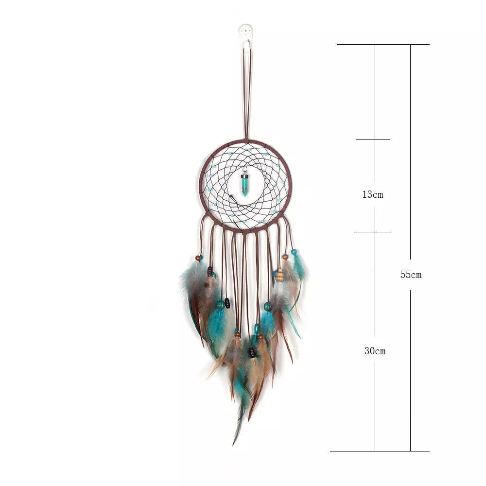 Handmade turquoise dream catcher with feathers and iron ring
