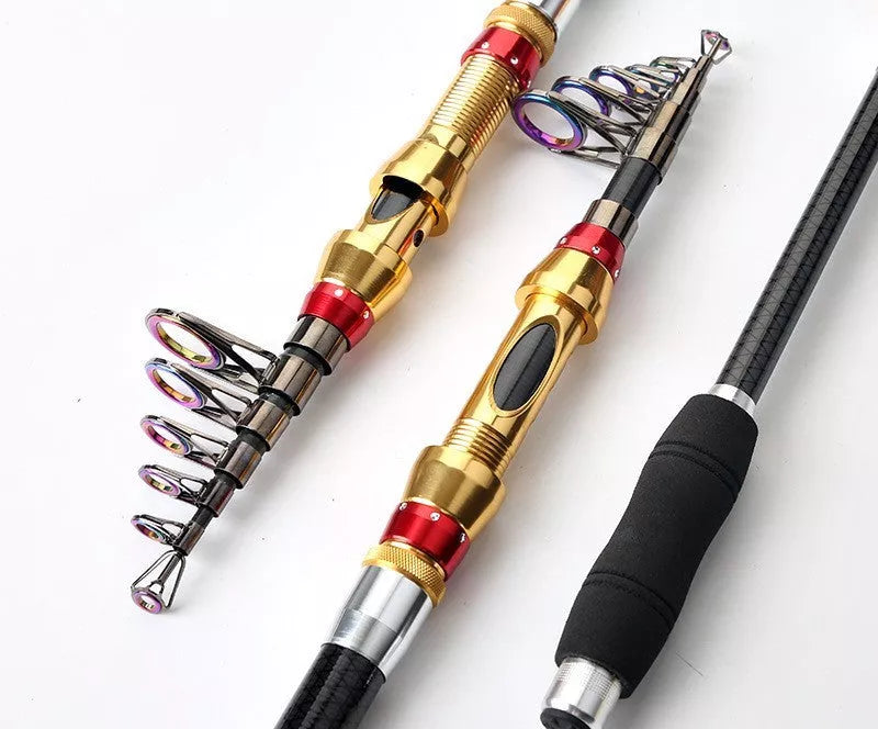 Carbon fiber telescopic spinning fishing rod for sea fishing with metal handle