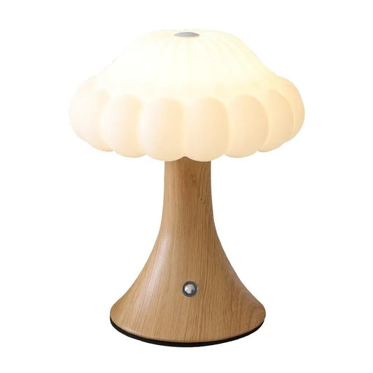 Mushroom-shaped touch lamp with USB charging port, 16cm diameter, in wood grain finish