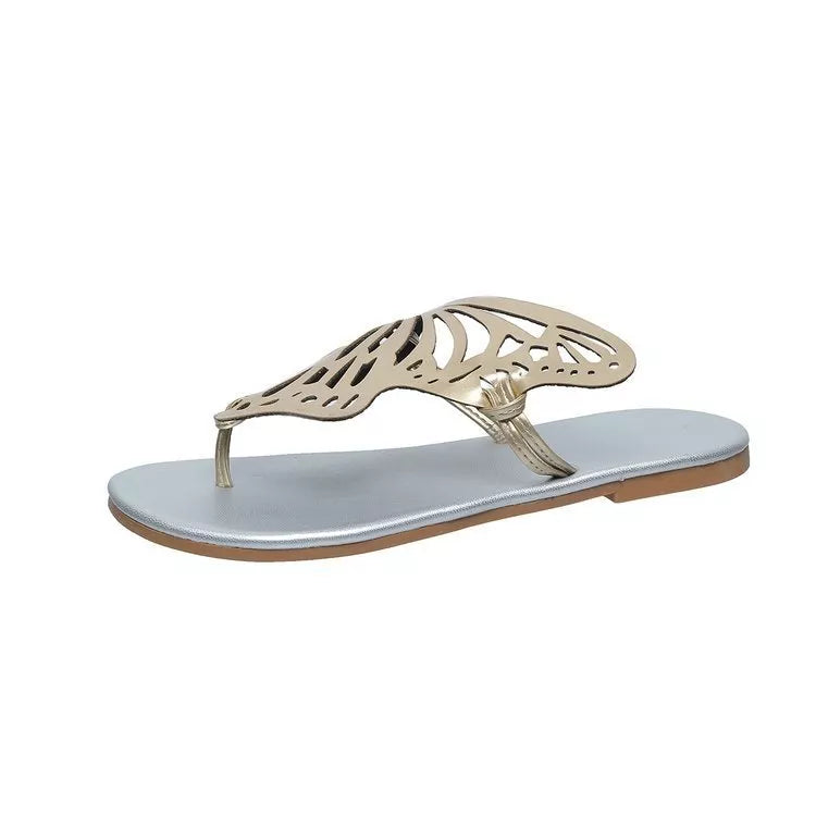 Women's hollow butterfly flip-flops in pink and silver, featuring a lightweight PU upper and rubber sole.