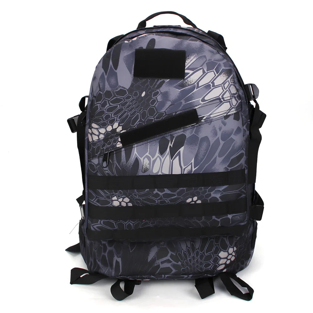 3D tactical backpack in camouflage colour with MOLLE webbing and adjustable shoulder straps
