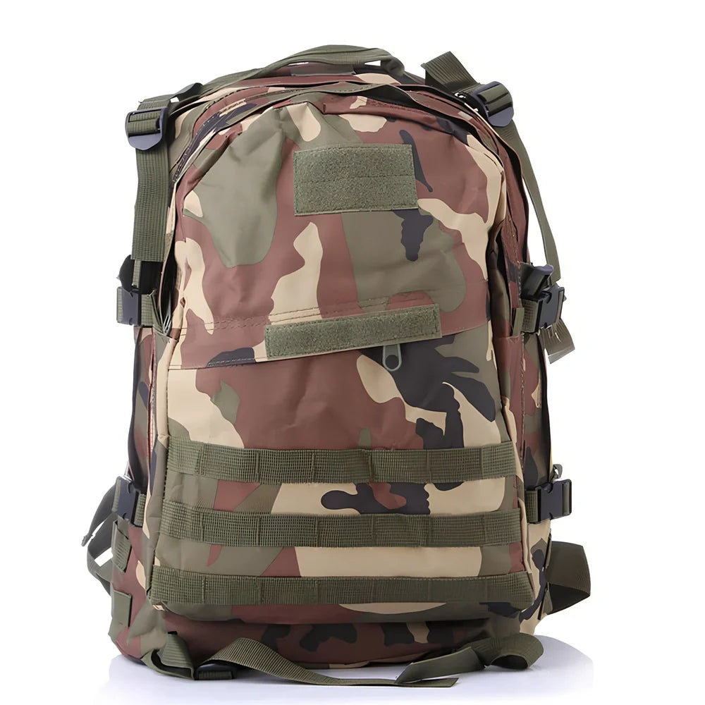 3D tactical backpack in camouflage colour with MOLLE webbing and adjustable shoulder straps
