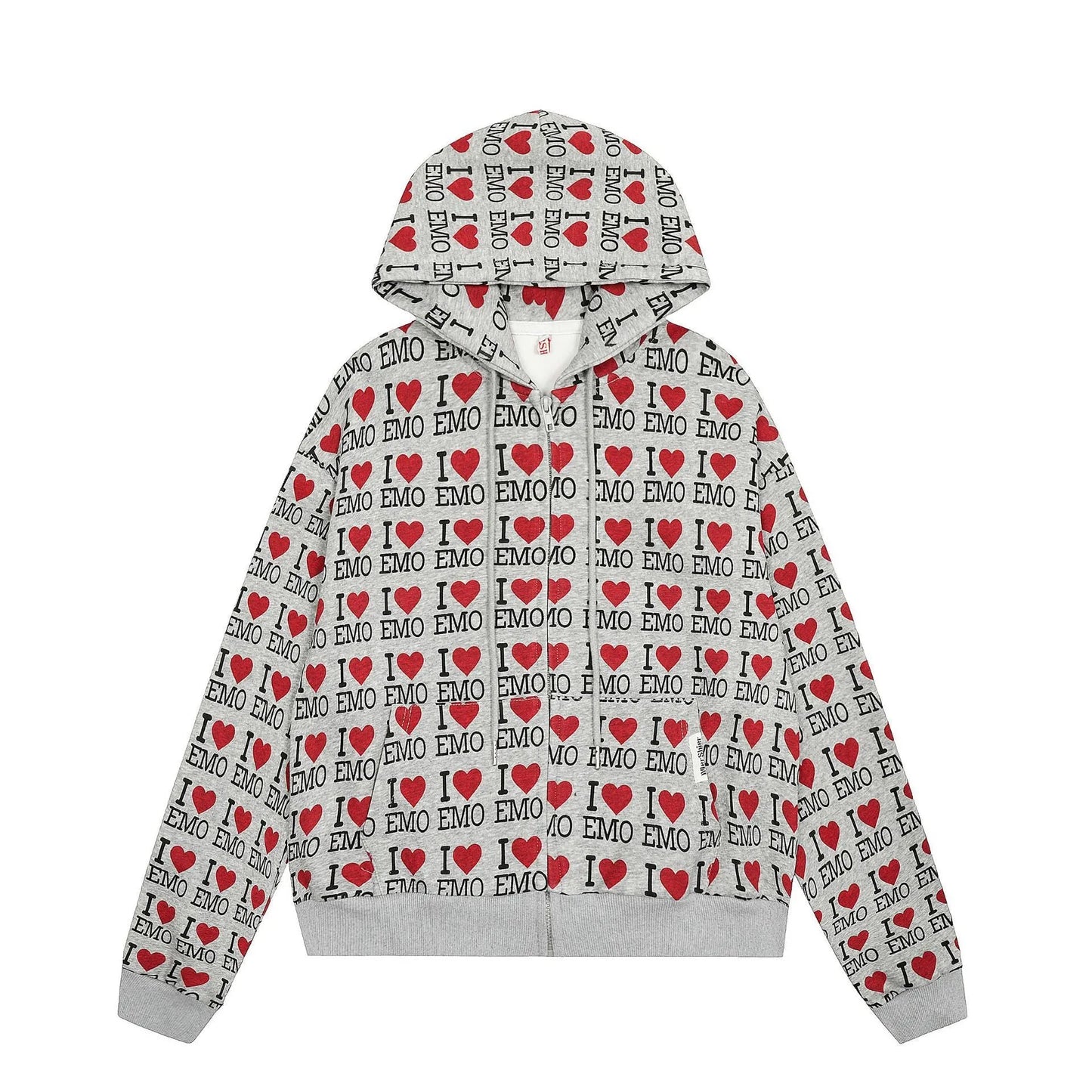 Women's grey retro pattern hooded cotton cardigan with long sleeves for autumn street fashion