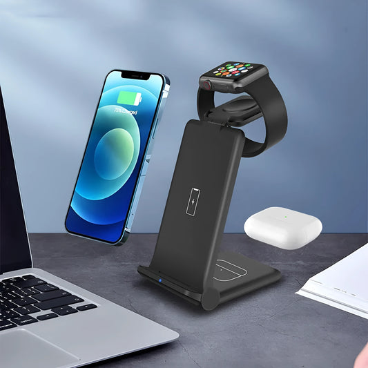 White 3-in-1 wireless charging station dock for iPhone, Samsung phone, Apple Watch and AirPods