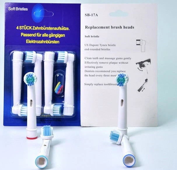 Premium electric toothbrush replacement heads in assorted colors, designed for universal fit with Oral-B and Braun electric toothbrushes.