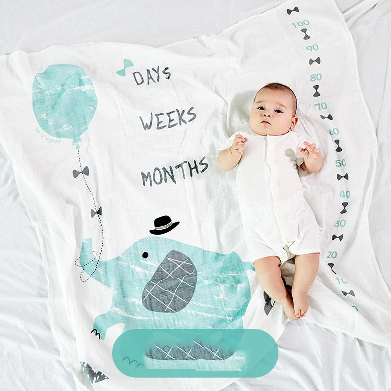 Cotton baby swaddle measuring 120x120cm with cartoon pattern in Rainbow colour option