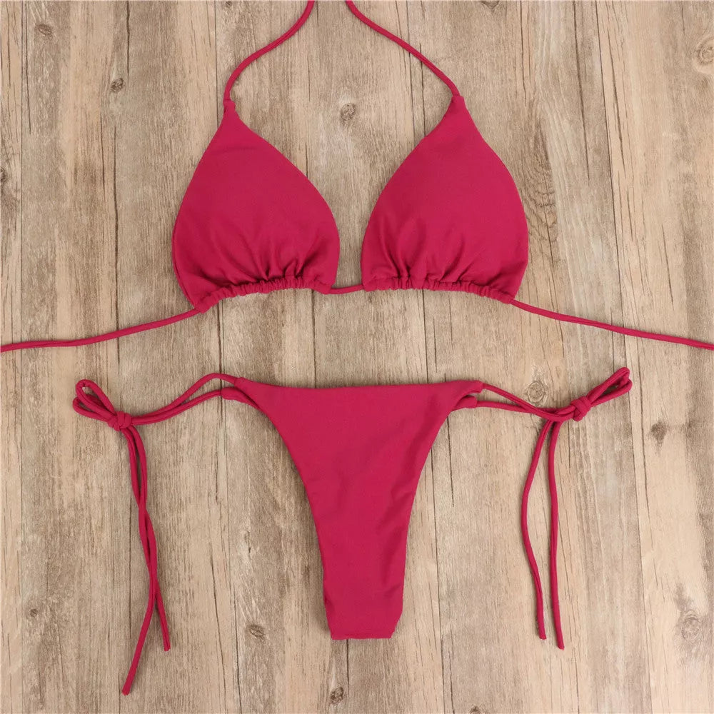 Adjustable halterneck bikini set with lace-up detail in various colors