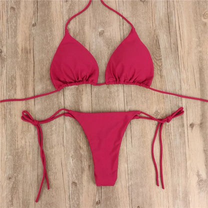 Adjustable halterneck bikini set with lace-up detail in various colors