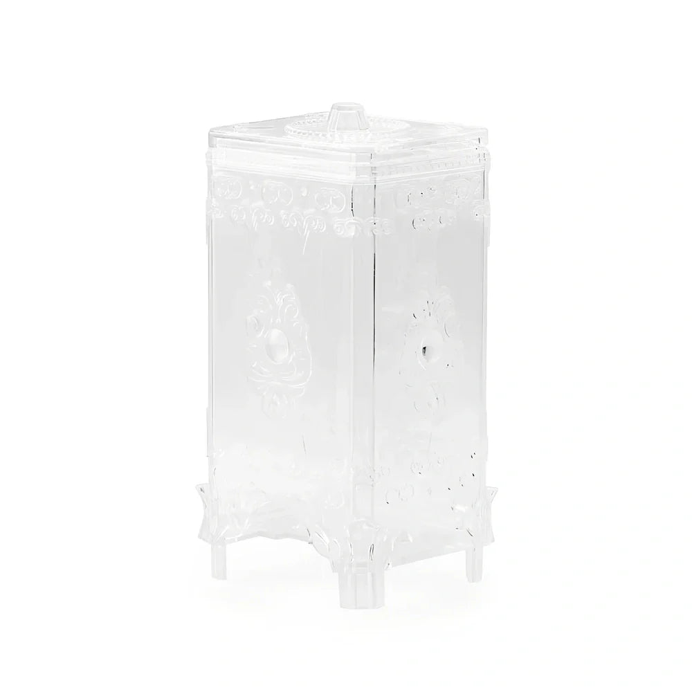 Pink cosmetics storage box with covered lid showing 45-litre capacity for makeup organisation