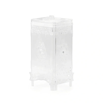 Pink cosmetics storage box with covered lid showing 45-litre capacity for makeup organisation