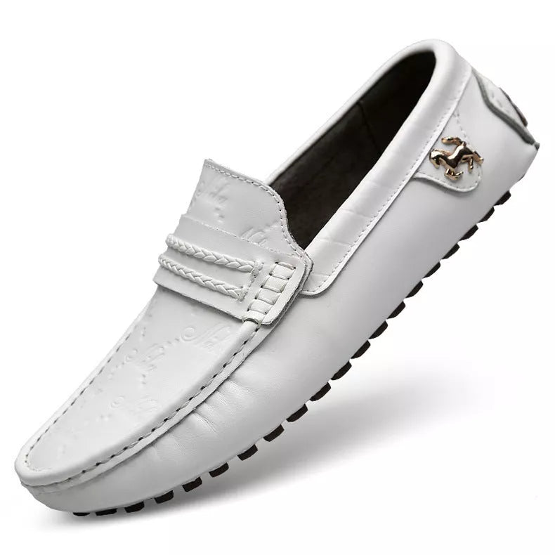 Men's black plus size authentic leather driving loafers with rubber sole