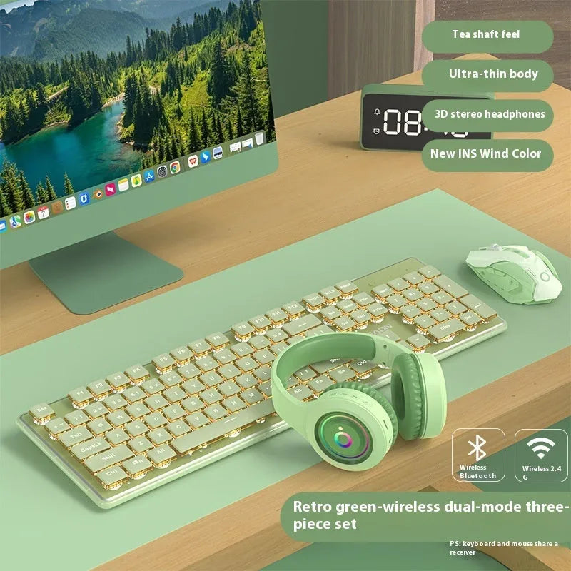 Prewalker V3 retro green mechanical feel keyboard and mouse set on a desk.