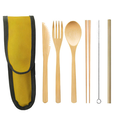 Bamboo cutlery set with 20cm utensils, stainless steel straw and cleaning brush in natural colour