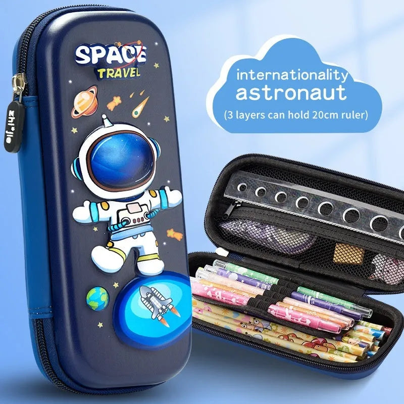 Leather 3D pencil case showing design themes: dinosaur, astronaut, mermaid, unicorn, and spaceship.