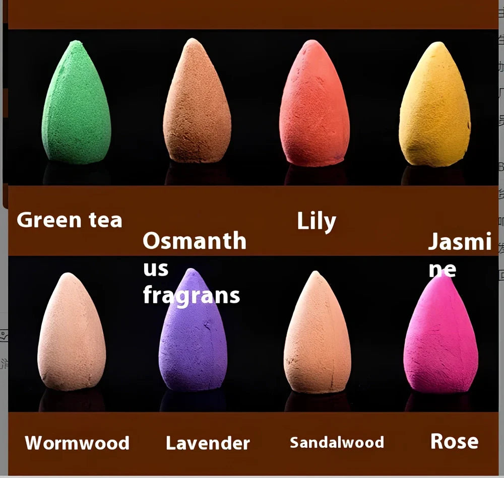 Wood flour indoor incense tower burner, 15cm tall with 8cm base and colour glaze, viewing smoke from 2.5cm cones