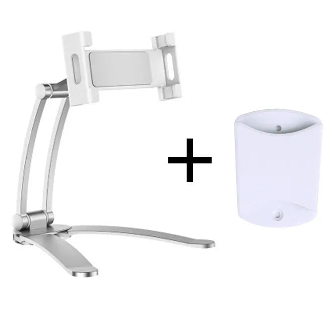 Aluminium alloy desktop tablet stand with adjustable clips on a 23.5cm base, holding a tablet at an angle