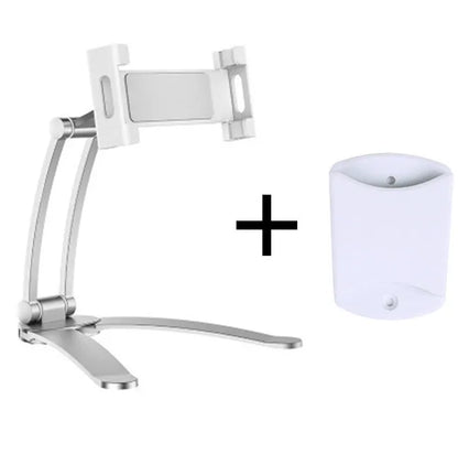 Aluminium alloy desktop tablet stand with adjustable clips on a 23.5cm base, holding a tablet at an angle