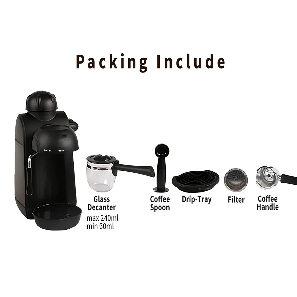 Black home mini espresso machine with Italian-style design and steam-powered brewing system