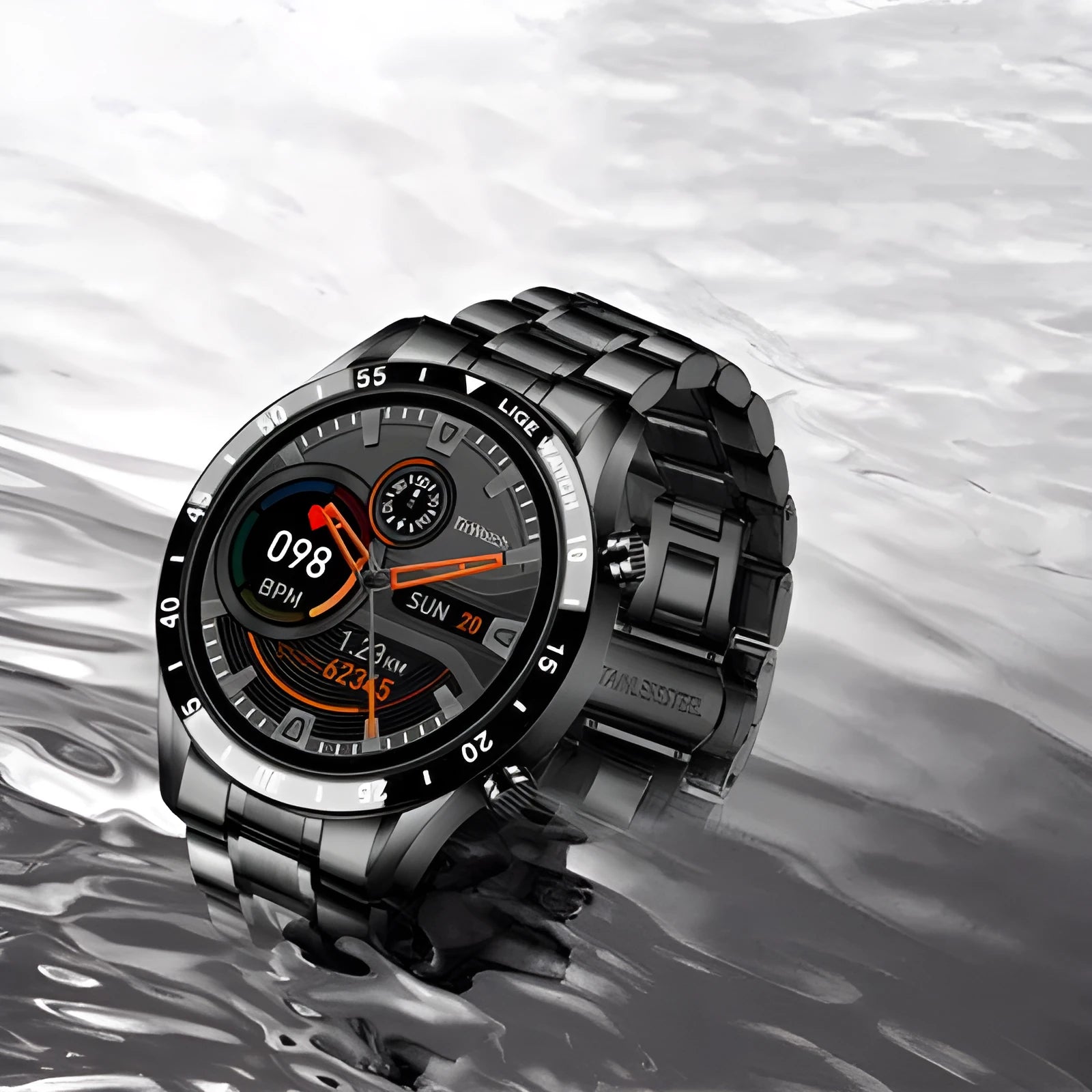 Black and silver stainless steel smart watch with a 1.3-inch screen showing step counter.