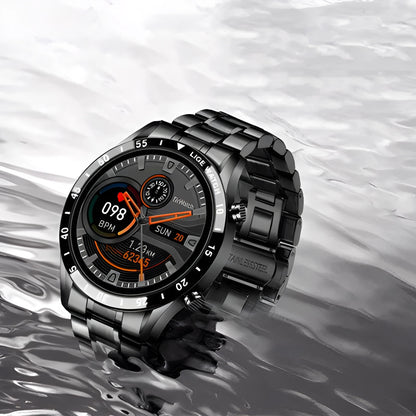 Black and silver stainless steel smart watch with a 1.3-inch screen showing step counter.