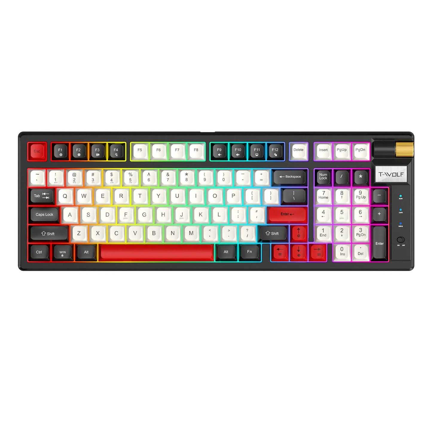 Bluetooth mechanical gaming keyboard with charging cable in blue and orange colour scheme
