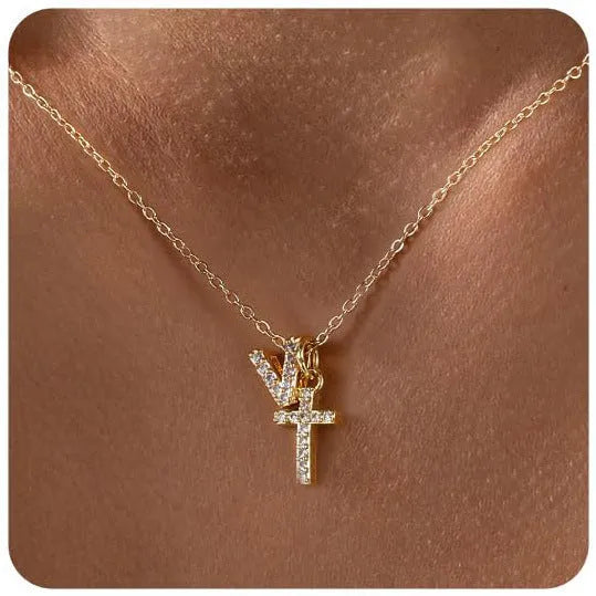 A-Z zircon inlaid letter necklace on a copper regular chain with electroplated finish