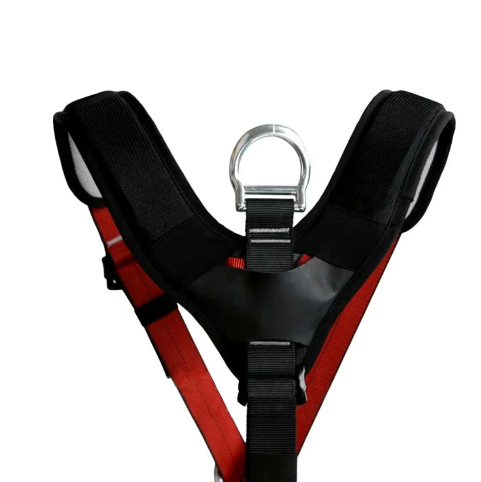 Red outdoor rescue seat belt for caving with reinforced stitching and polyester-silk blend material