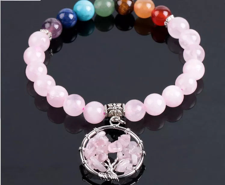 Crystal beaded bracelet with seven chakras or powder crystal options, 8mm beads, 18.8 cm length