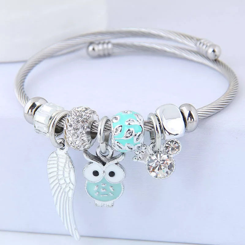 DIY Beaded Owl Angel Wings Pendant Stainless Steel Bracelet with rhinestone accents