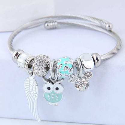 DIY Beaded Owl Angel Wings Pendant Stainless Steel Bracelet with rhinestone accents