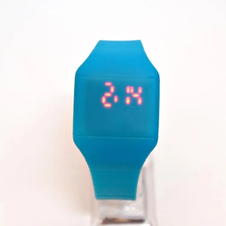 Square digital electronic watch with touch screen on a PU strap, shown in multiple colour options.