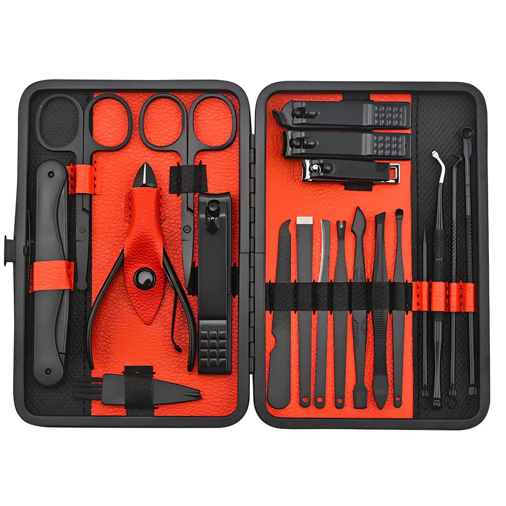 Beauty manicure nail care kit with stainless steel tools in red PU leather case weighing 397g