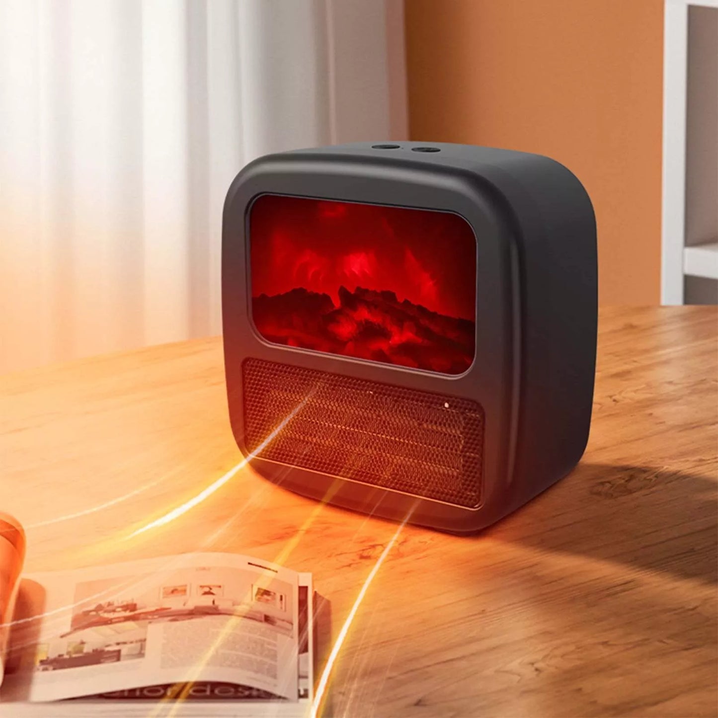 Portable 3D Flame Electric Heater in black with adjustable height and 3 fan speeds