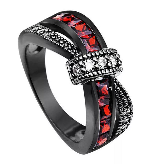 Black Gold Garnet Red Cross Zircon Ring with geometric design and red gemstone inlay