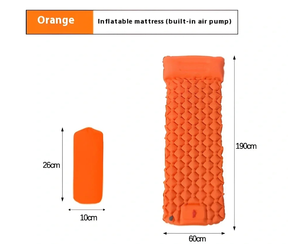 LT-88 navy blue inflatable sleeping pad showing 190cm length and integrated foot strap pillow design