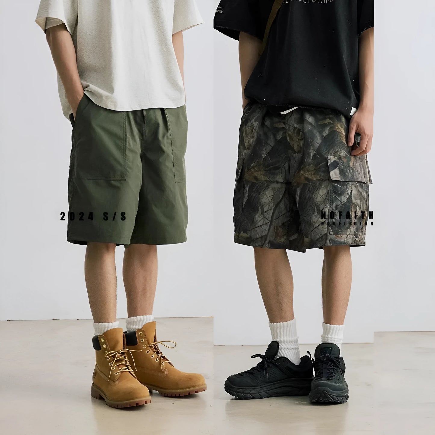 Loose straight-leg denim shorts for teenagers in army green, showing elastic waistband and zip fly.